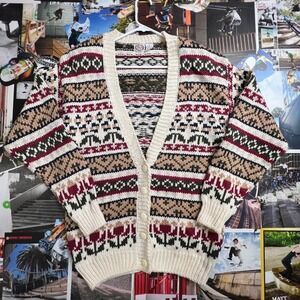 Vintage Chunky Knit Cardigan Sweater Mens Large Ramie Blend Multi-Color